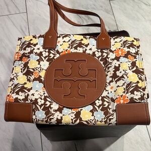 Tory Burch Brown Floral Canvas Tote with Leather Logo Medallion